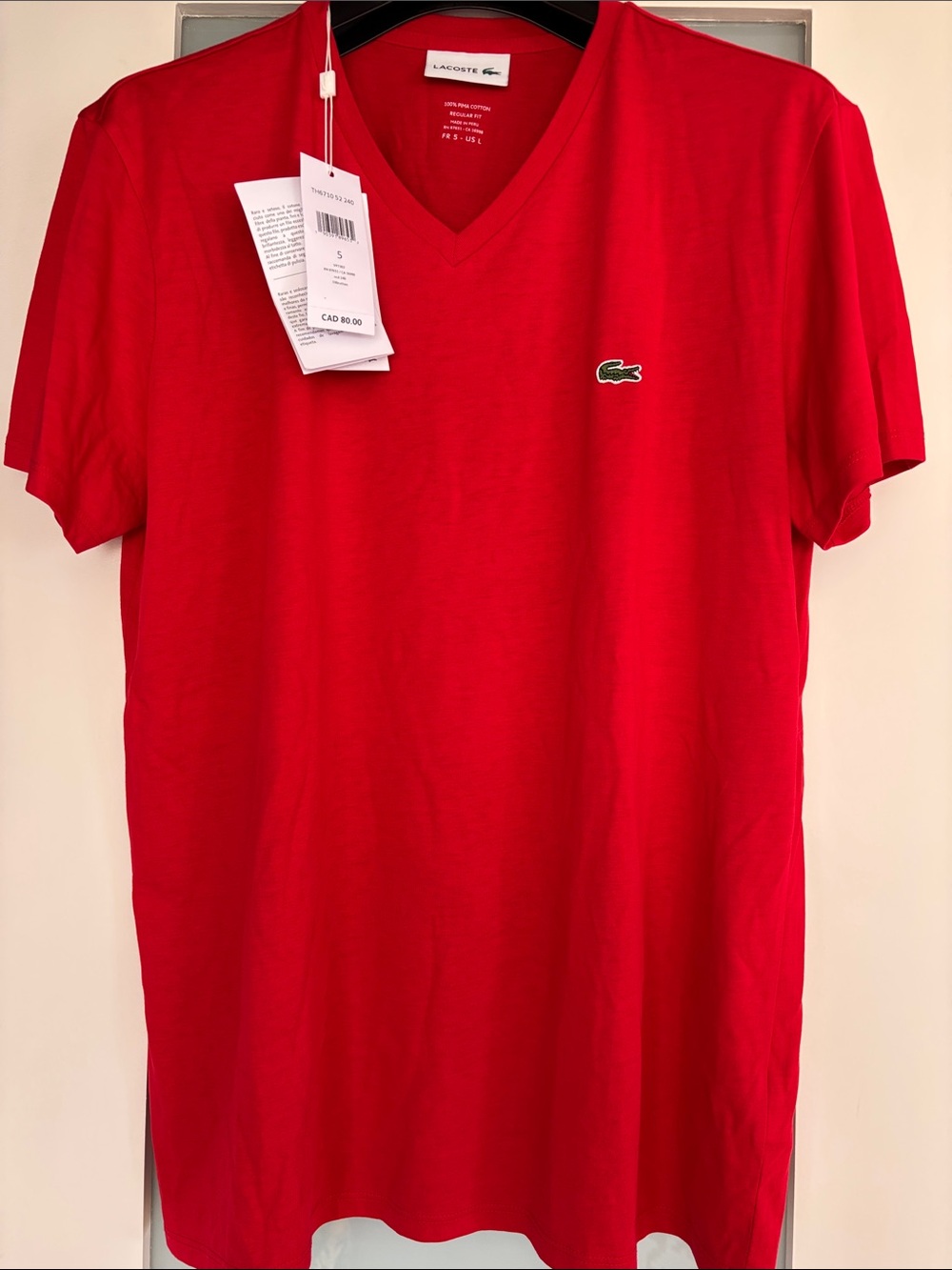 Lacoste Red V-Neck Short Sleeve Tee with Crocodile Logo